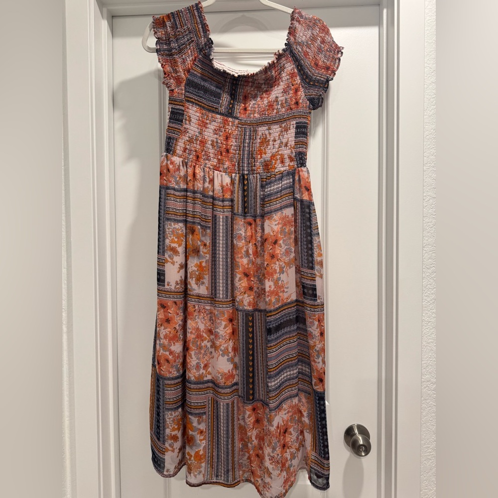 XHILARATION Patchwork Orange and Blue Smocked Off Shoulder Midi Dress - Large